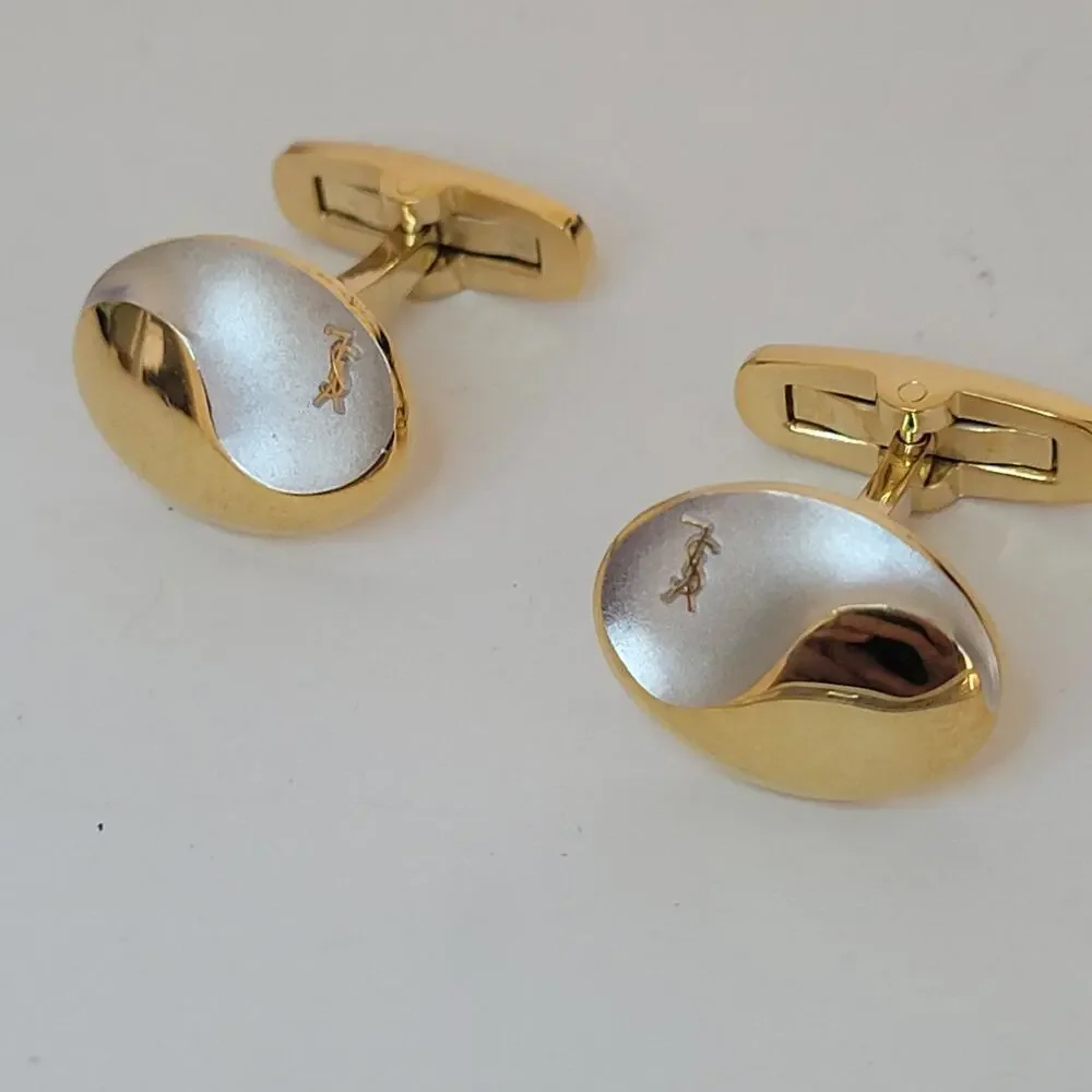 Yves Saint Laurent YSL Silver Gold Tone Oval Logo Cufflinks Retro Whale‎ Back
